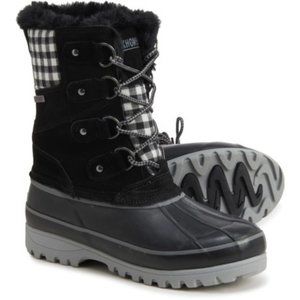 Khombu Nordic Boots Suede Faux Fur Lace Up Duck Booties Black Plaid Size 7 NEW